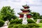 Chinese guardian lion and Japanese Pagoda Zen Garden