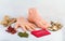 Chinese herbal medicine with acupuncture needles and hand foot m