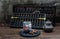 Chinese herbal tea and Vintage wooden hand abacus over Old wood table