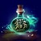 Chinese hieroglyphs in a magic bottle. Translation of hieroglyphs: fortune. AI generated