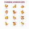 Chinese horoscope thin line icons set: rooster, ox, mouse, dragon, tiger, rabbit, pig, horse, dog, monkey, goat. Modern vector