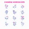 Chinese horoscope thin line icons set: rooster, ox, mouse, dragon, tiger, rabbit, pig, horse, dog, monkey, goat. Modern vector