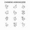 Chinese horoscope thin line icons set: rooster, ox, mouse, dragon, tiger, rabbit, pig, horse, dog, monkey, goat. Modern vector