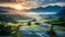 Chinese idyllic landscape with farmers growing rice. Beautiful country side at sunrise