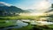 Chinese idyllic landscape with farmers growing rice. Beautiful country side at sunrise