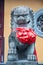 Chinese Imperial Lion Statue,Chinese guardian lions with red bow on chest