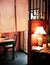 Chinese interior dinning room with lamp, table, wooden chair and