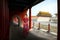 Chinese lady walk in red cheongsam dress in ancient Chinese forbidden palace