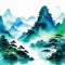 The Chinese landscape style includes sea and mountain Watercolor picture of a Chinese and lush hills in A print or poster of