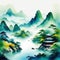 The Chinese landscape style includes sea and mountain Watercolor picture of a Chinese and lush hills in A print or poster of