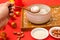 Chinese Lantern Festival traditional cuisine peanut dumplings on red background