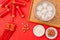 Chinese Lantern Festival traditional cuisine peanut dumplings on red background