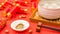 Chinese Lantern Festival traditional cuisine peanut dumplings on red background