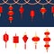 Chinese lantern icons set. Vector seamless border with red lamps. Traditional China holiday and festival decoration.