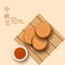 Chinese Lettering Of Happy Mid Autumn Festival With Top View Of Delicious Mooncakes And Sauce On Pastel Brown