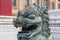 Chinese Lion statues guarding the entrance to Chinatown, Liverpool, England, UK on July 14, 2021