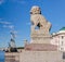 Chinese Lions Chi Tza on the Petrovskaya embankment and the floating restaurant Blagodat.