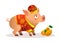 Chinese little pig cartoon character design with traditional chinese red costume and ripe tangerines
