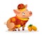 Chinese little pig cartoon character design with traditional chinese red costume and ripe tangerines
