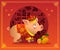 Chinese little pig cartoon character in traditional chinese red costume and red hat