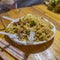 Chinese Local Fried Rice With pork on the Wooden table