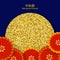 Chinese mid Autumn Festival design. Holiday background with gold glitter full moon and round fans on blue background