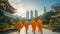 Chinese monks greeting guests near the temple