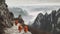 Chinese monks walking on mountains. Generative AI