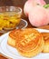 Chinese Moon Cakes with Chrysanthemum Tea and Peaches in narrow focus