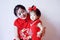 Chinese mother and child in red cheongsam have fun