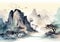 Chinese Mountain Landscape in Light Beige and Dark Azure. Perfect for Wall Art.