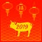 Chinese New Year 2019. Year of the Yellow Pig. Chinese lanterns, Fu character means luck. Red background with ornament.
