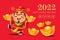 Chinese New Year 2022 greeting. Cartoon god of wealth holds gold ingots with some gold ingots on ground