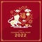 Chinese new year 2022 white and gold tiger sit with their front legs raised and firework, flower, money around on red background