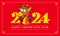 Chinese new year 2024 greeting banner with cartoon cute eastern dragon zodiac spread arm welcome sign