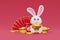 Chinese new year banner wwith 3D cute rabbit, wealth gold money, Chinese Festivals, Lunar, CYN 2023, 3d rendering.