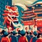 Chinese New Year celebration. People in traditional costume with chinese dragon on the street in Beijing, China. AI generated