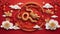 Chinese New Year Chinese dragon statue golden dragon on red wall. ai generate