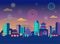 Chinese New Year - city landscape with colorful fireworks and lanterns. Vector background