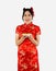 Chinese new year concept. Asian woman in red traditional oriental costume holding plate of teas