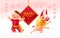 Chinese new year congratulation card, invitation, calendar design with traditional pendant lantern, oriental bull mascot, boy char