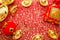 Chinese new year decoration,close up golden ingots ang pow an