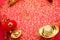 Chinese new year decoration, close up golden ingots ang pow an
