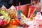 Chinese New Year Decoration. Festive food, fresh fruits and other set up for Chinese New Year festiveal with soft focus on the