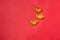 Chinese new year decorations on red background with gold spots.