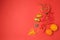 Chinese New Year decorations on red background. View from above with copy space
