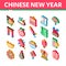 Chinese New Year Feast Isometric Icons Set Vector