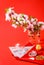 chinese new year festival decoration pow or red pack, orange and gold ingots or golden wad on red background.