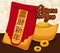 Chinese New Year Gifts with Red Envelope, Ingot and Coins, Vector Illustration