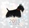 Chinese new year greeting card with a dog on white glowing background. Symbol of the year 2018. Scottish terrier in red